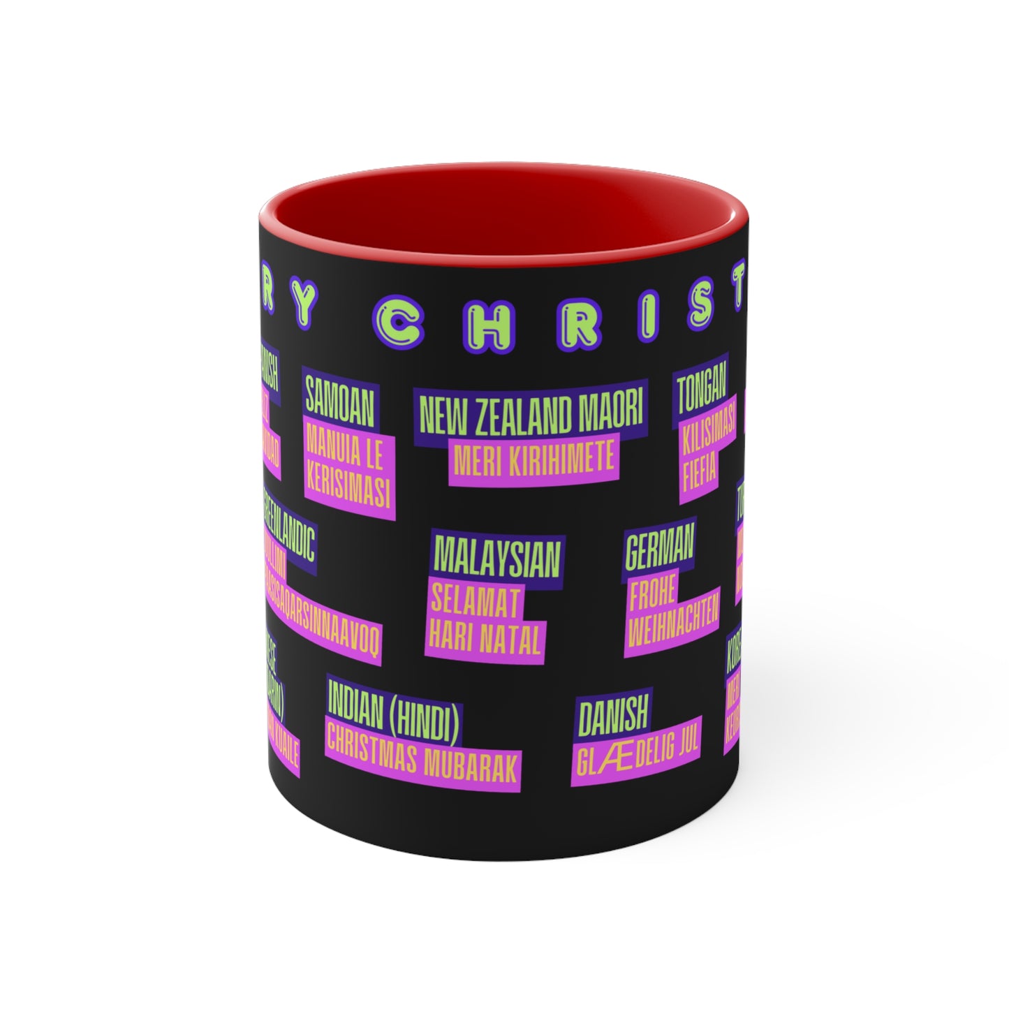 Merry Christmas Translations Mug — Multilingual Holiday Coffee Cup (11oz)