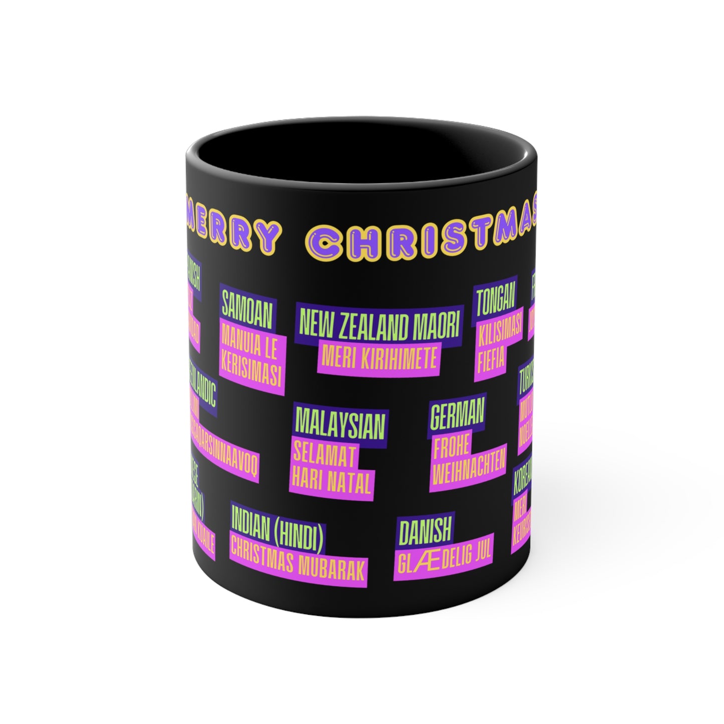 Merry Christmas Translations Mug — Multilingual Holiday Coffee Cup (11oz)