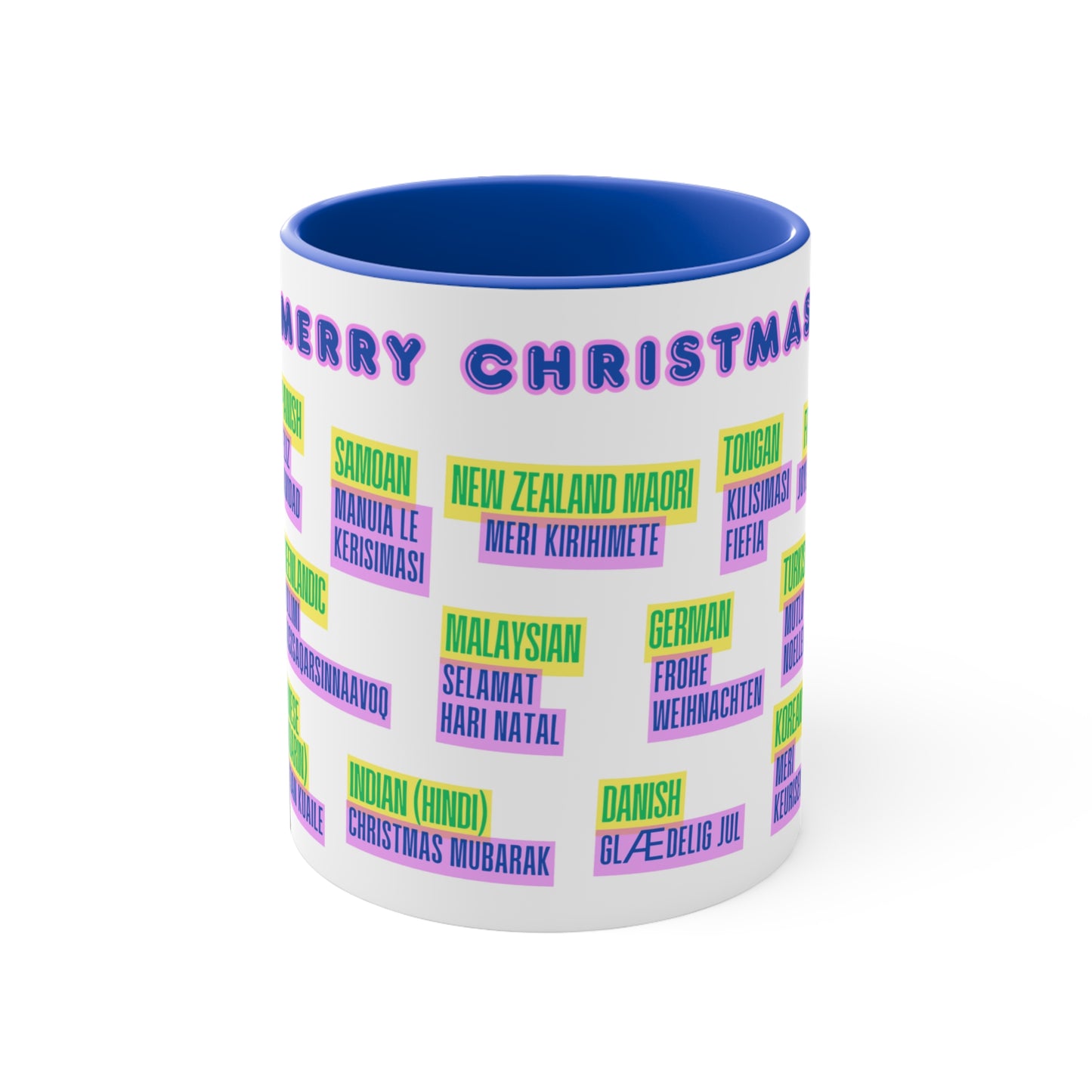 Merry Christmas Multilingual Mug — 11oz Color Accent Holiday Coffee Cup